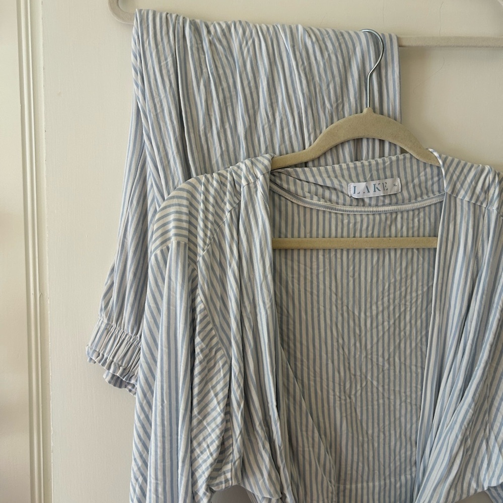 Lake Blue and White Striped Kimono Pajama Set